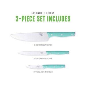 NEW GreenLife 3-Piece Knife Set - Chef Santoku Utility Paring Turquoise